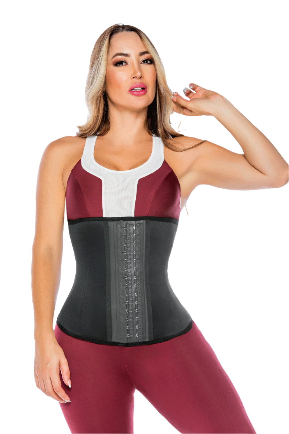 - Cinturilla térmica negra SMI2004 con broches multinivel
- Vista lateral del waist trainer con efecto reductor
- Interior con textura de algas marinas para moldeo y suavidad

